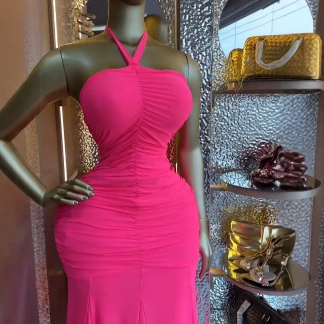 Backless mesh strapless pleated long skirt