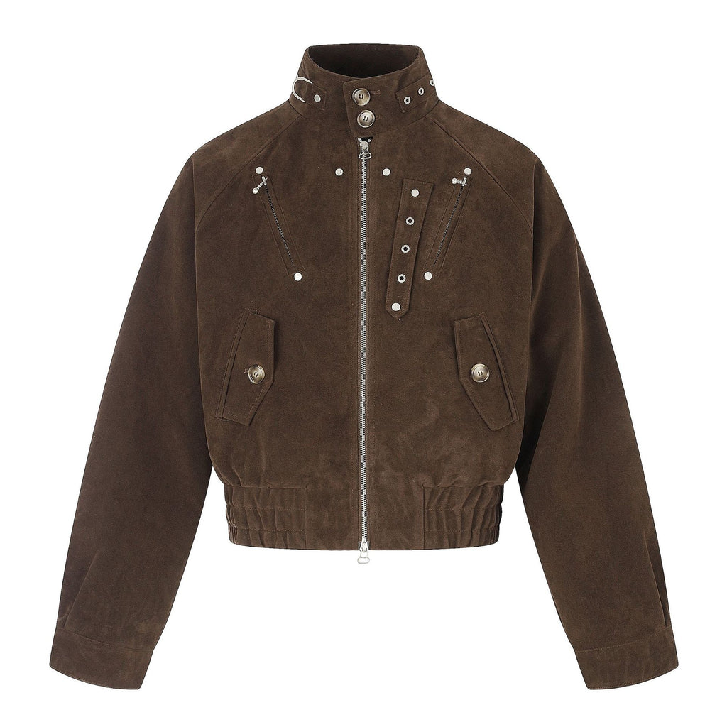 Suede Rivet Stand Collar Cropped Workwear Jacket
