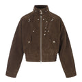 Suede Rivet Stand Collar Cropped Workwear Jacket