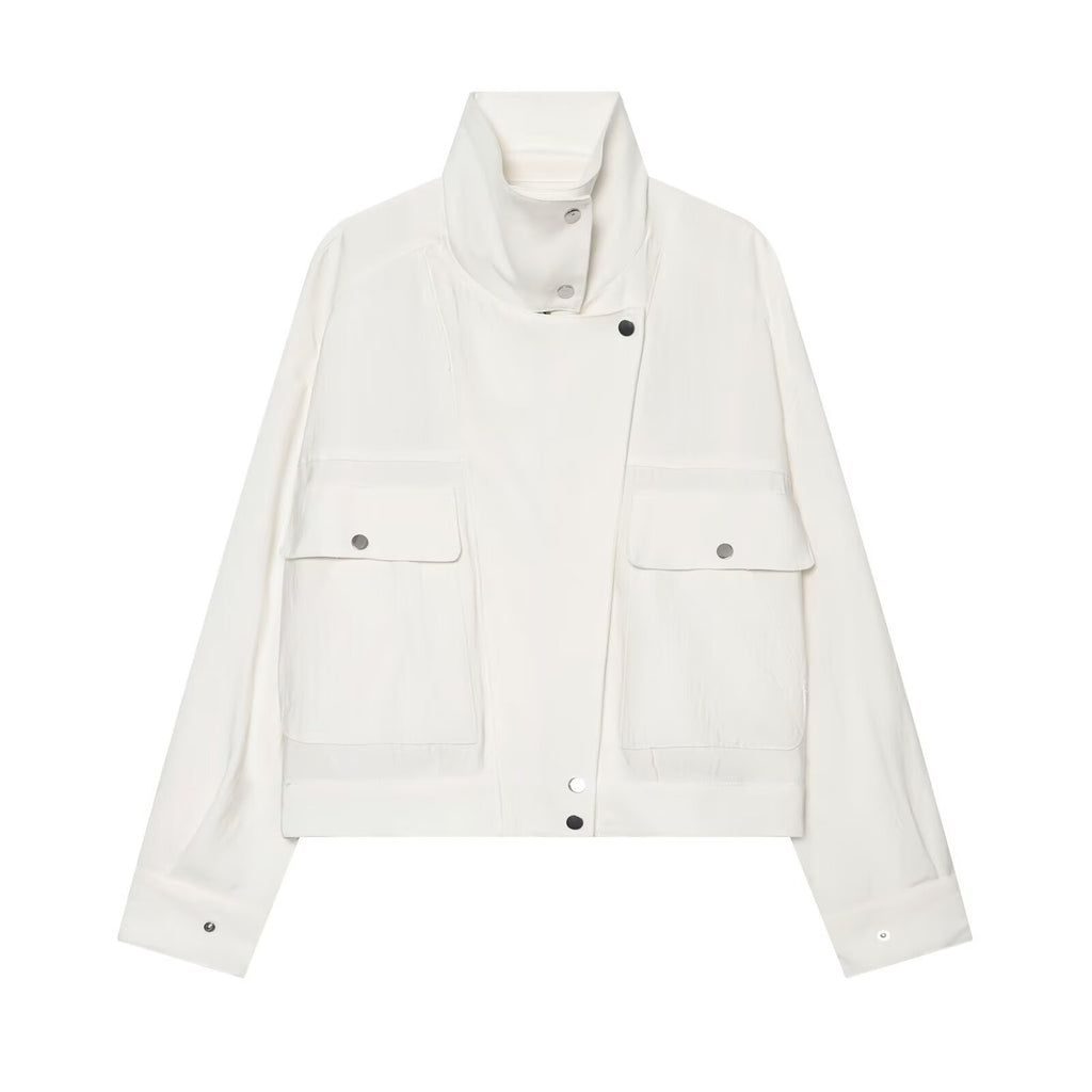 Casual loose pocket trimmed buckle stand up collar jacket