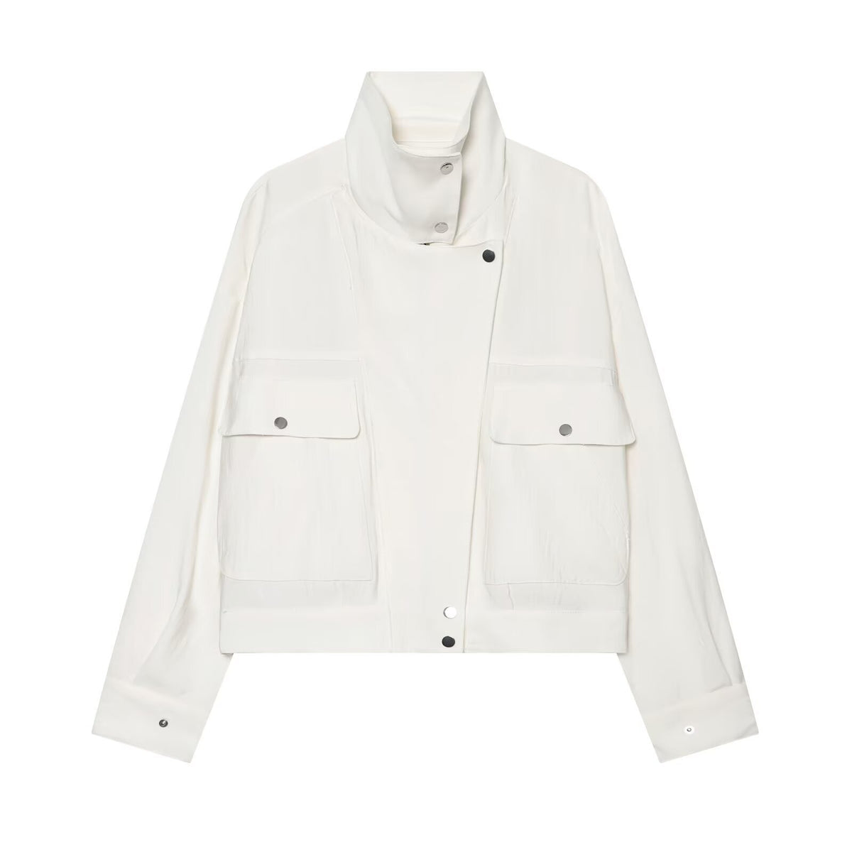 Casual loose pocket trimmed buckle stand up collar jacket