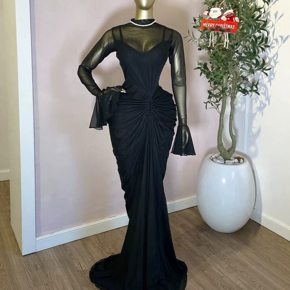 Women's Long Sleeve Splicing Mesh Ruched Maxi Dress