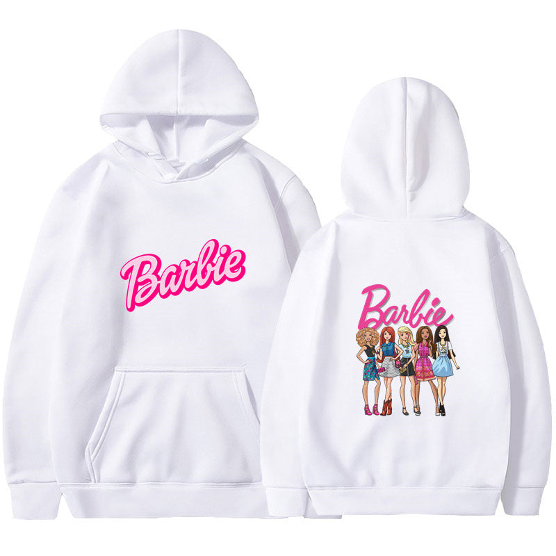 Style Barbie Letter Print Fleece Lined Unisex Loose Fit Hooded Pullover Sweatshirt