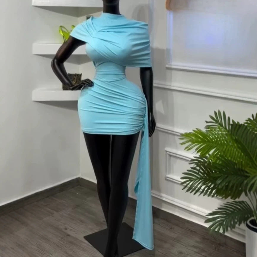 Short sleeved round neck shawl cape ribbon dress