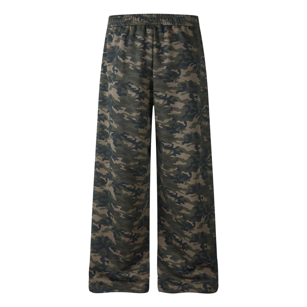 Women's Camo Wide-Leg Sweatpants with Rhinestone Lettering, Elastic Waist Loose Drape Straight Leg Sports Pants