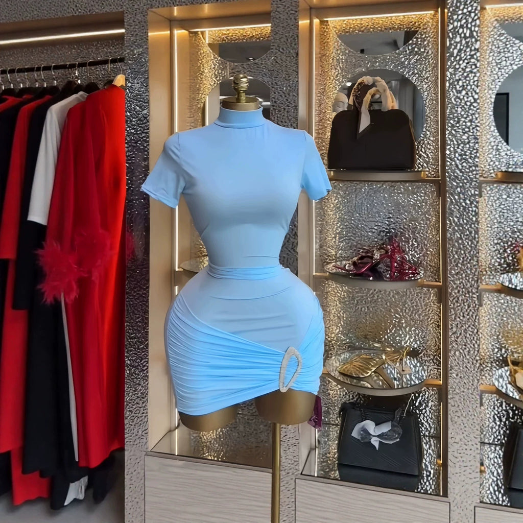 Metallic Ruched Long Sleeve High Neck Short Dress