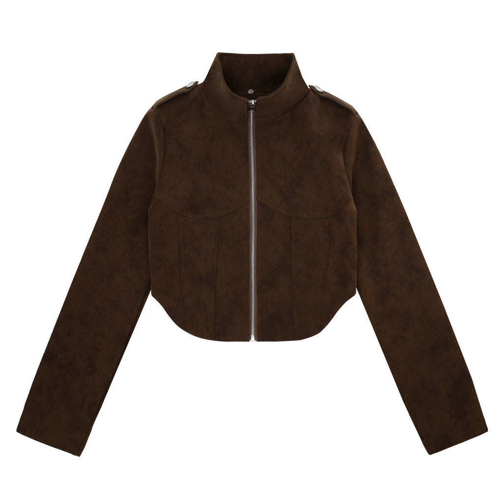 Zippered Lapel with Detachable Fur Collar, Cropped Waist-Cinching Earth-Tone Motorcycle Coat