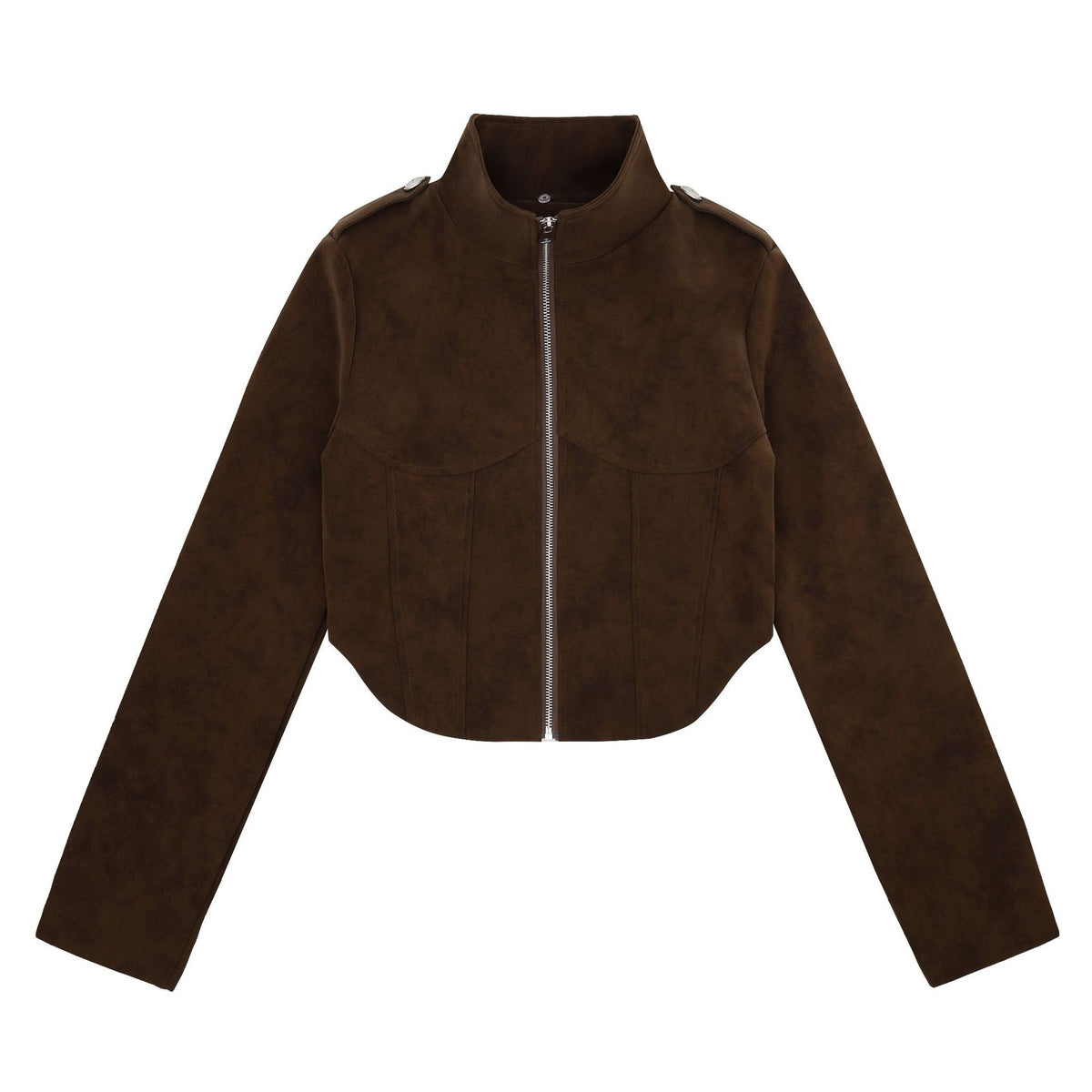 Zippered Lapel with Detachable Fur Collar, Cropped Waist-Cinching Earth-Tone Motorcycle Coat