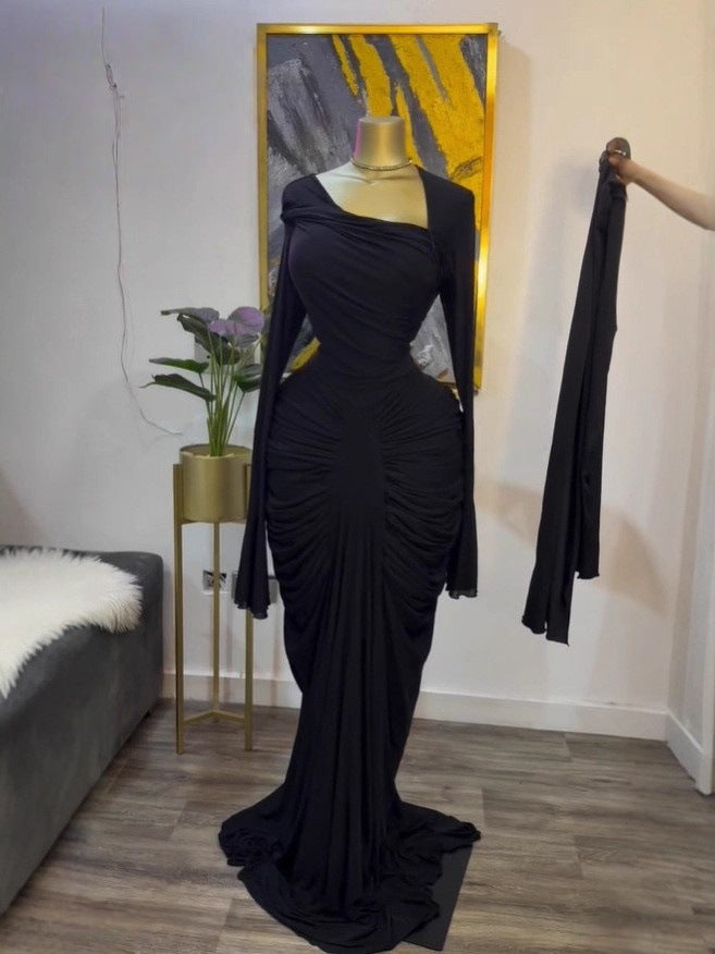 Elegant Asymmetric Neckline Ruched Long Evening Dress