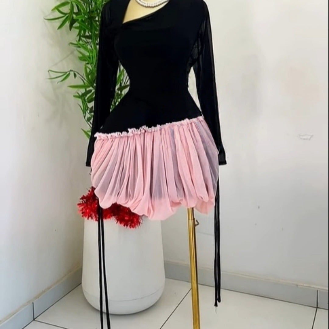 Sweet Long Sleeve Asymmetrical Collar Tie Mini Puff Dress