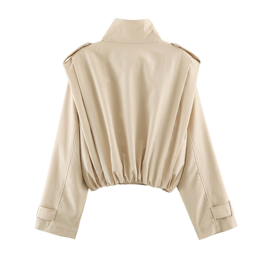 Casual loose double breasted stand up collar pleated trench coat for women
