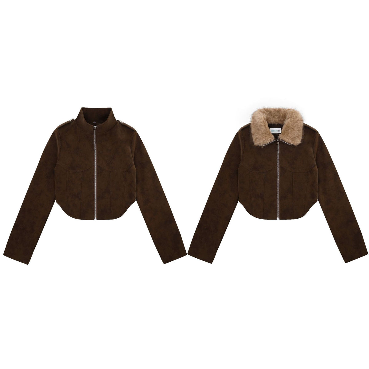 Zippered Lapel with Detachable Fur Collar, Cropped Waist-Cinching Earth-Tone Motorcycle Coat