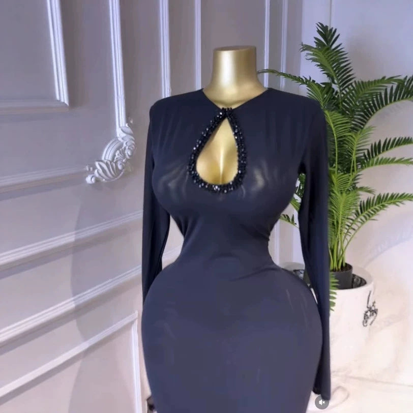 Long Sleeve Hollow Out Slim Fit Black Maxi Dress