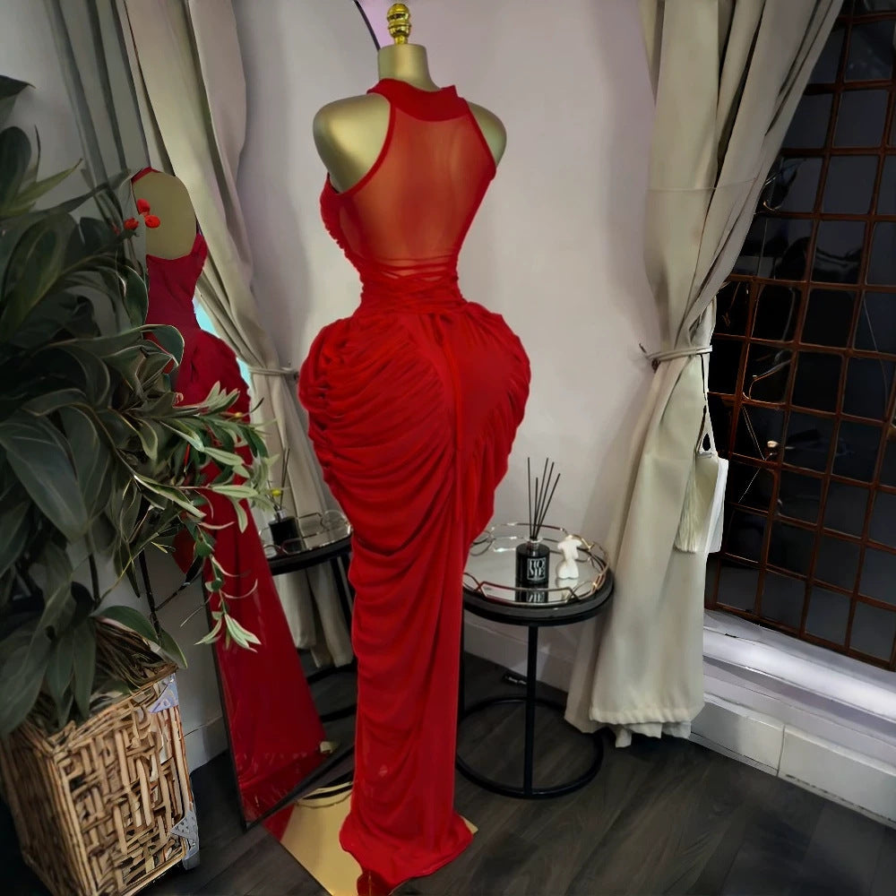 Round neck pleated mesh slim fit hip hugging dress