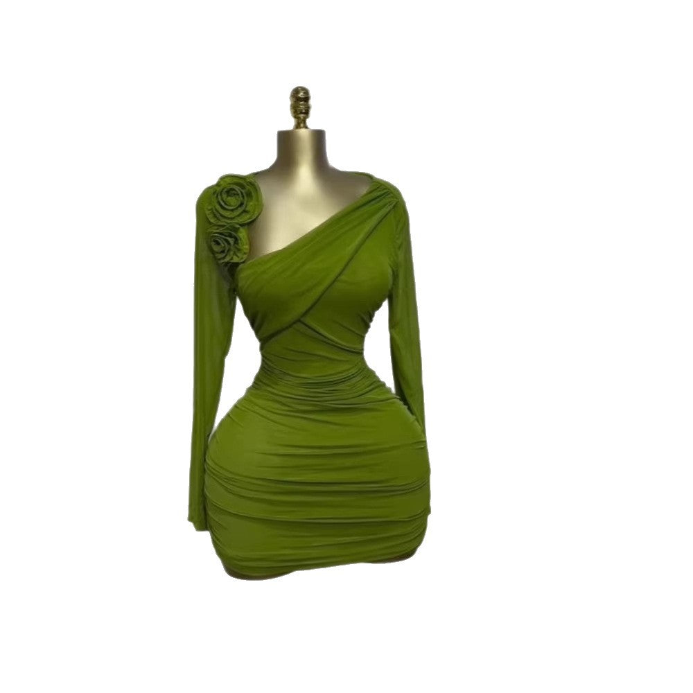 Floral Long Sleeve Asymmetric Neckline Pleated Slimming Mini Dress