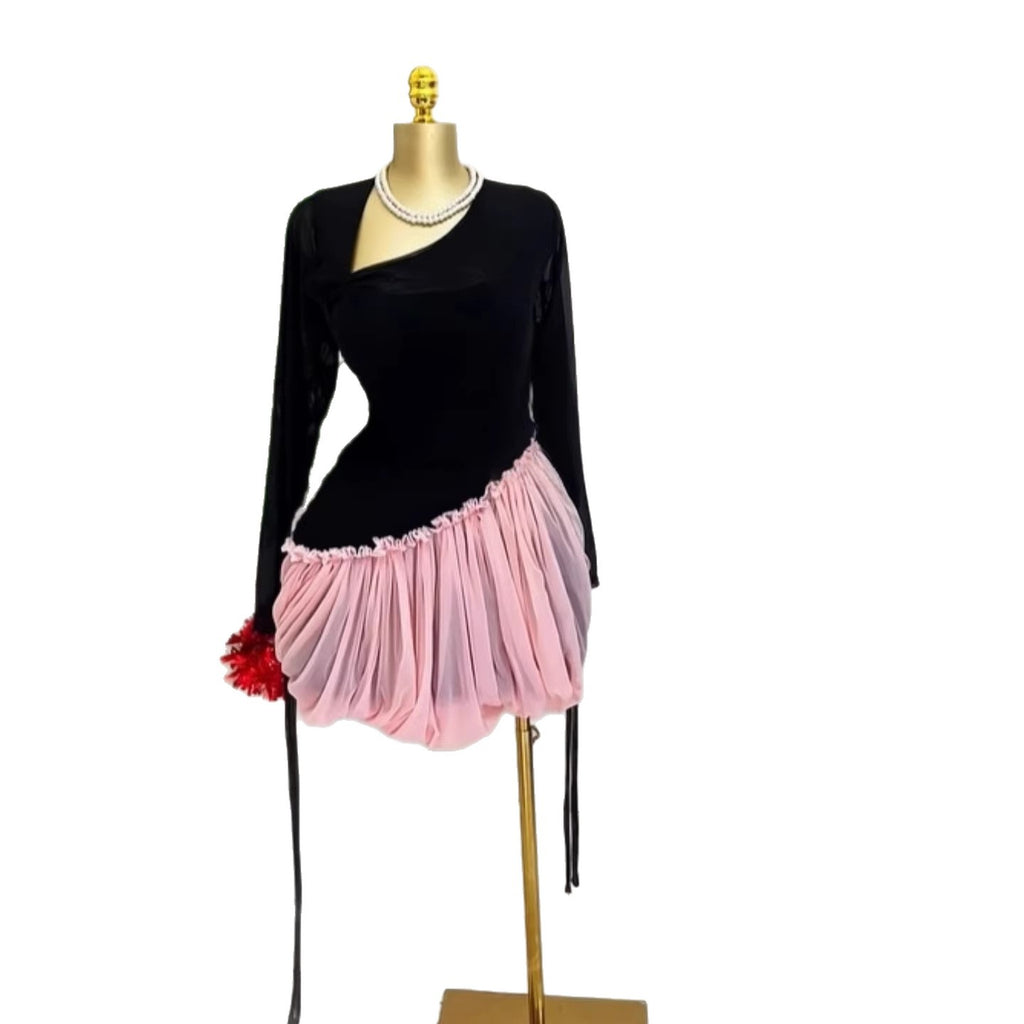 Sweet Long Sleeve Asymmetrical Collar Tie Mini Puff Dress