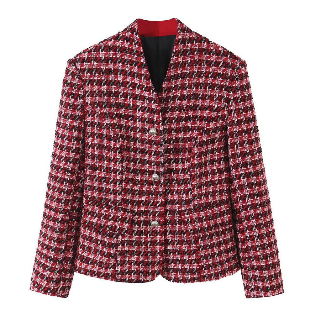 Casual pocket single breasted V-neck woolen suit jacket for women