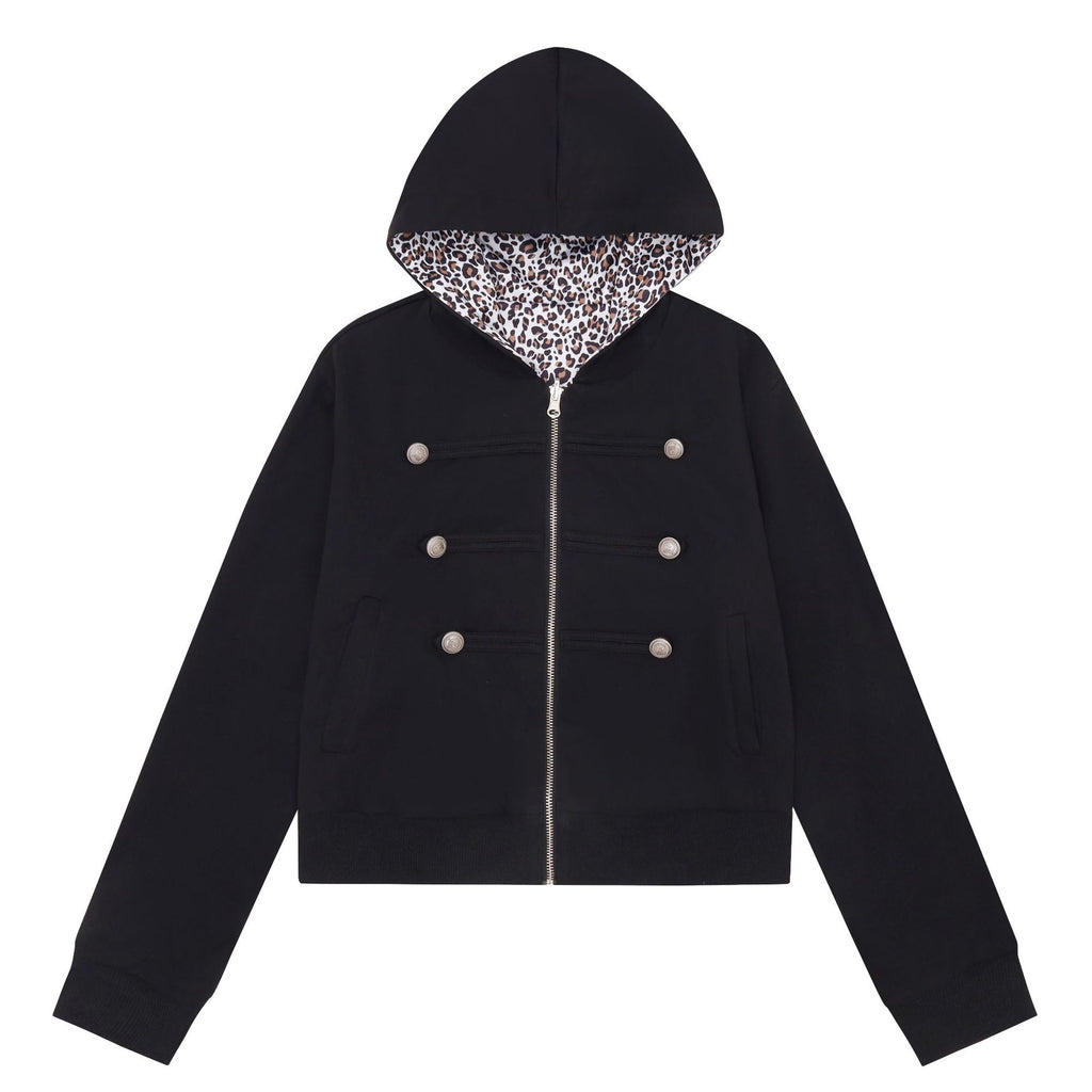 Reversible Leopard Print Double-Breasted Zip-Up Hooded Crop Jacket