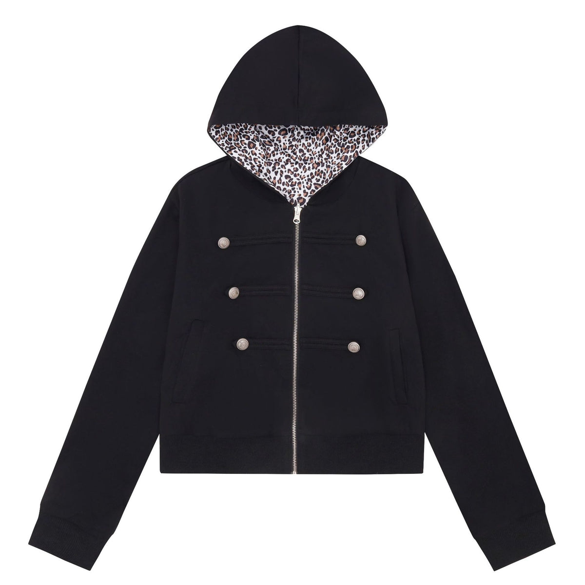 Reversible Leopard Print Double-Breasted Zip-Up Hooded Crop Jacket