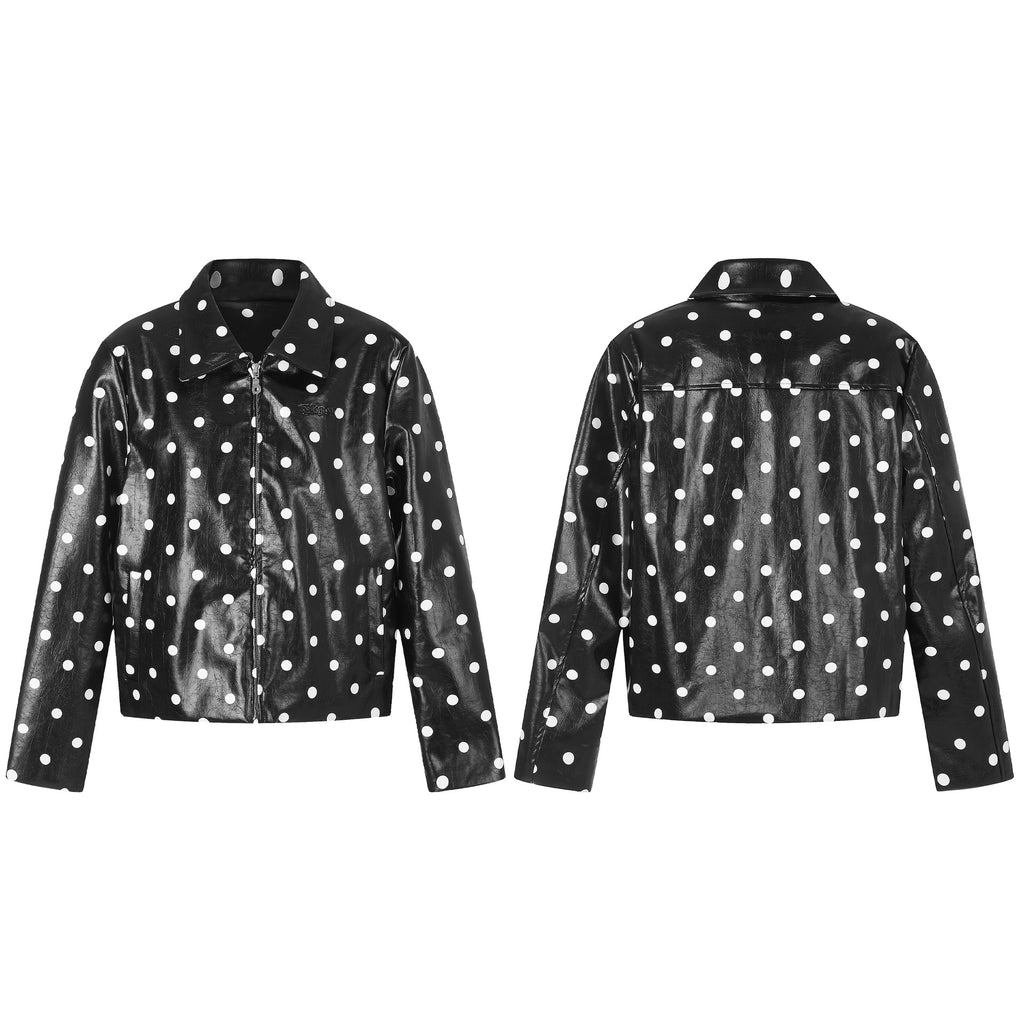 Polka Dot Zip Up Notched Lapel Glossy PU Loose Crop Leather Jacket