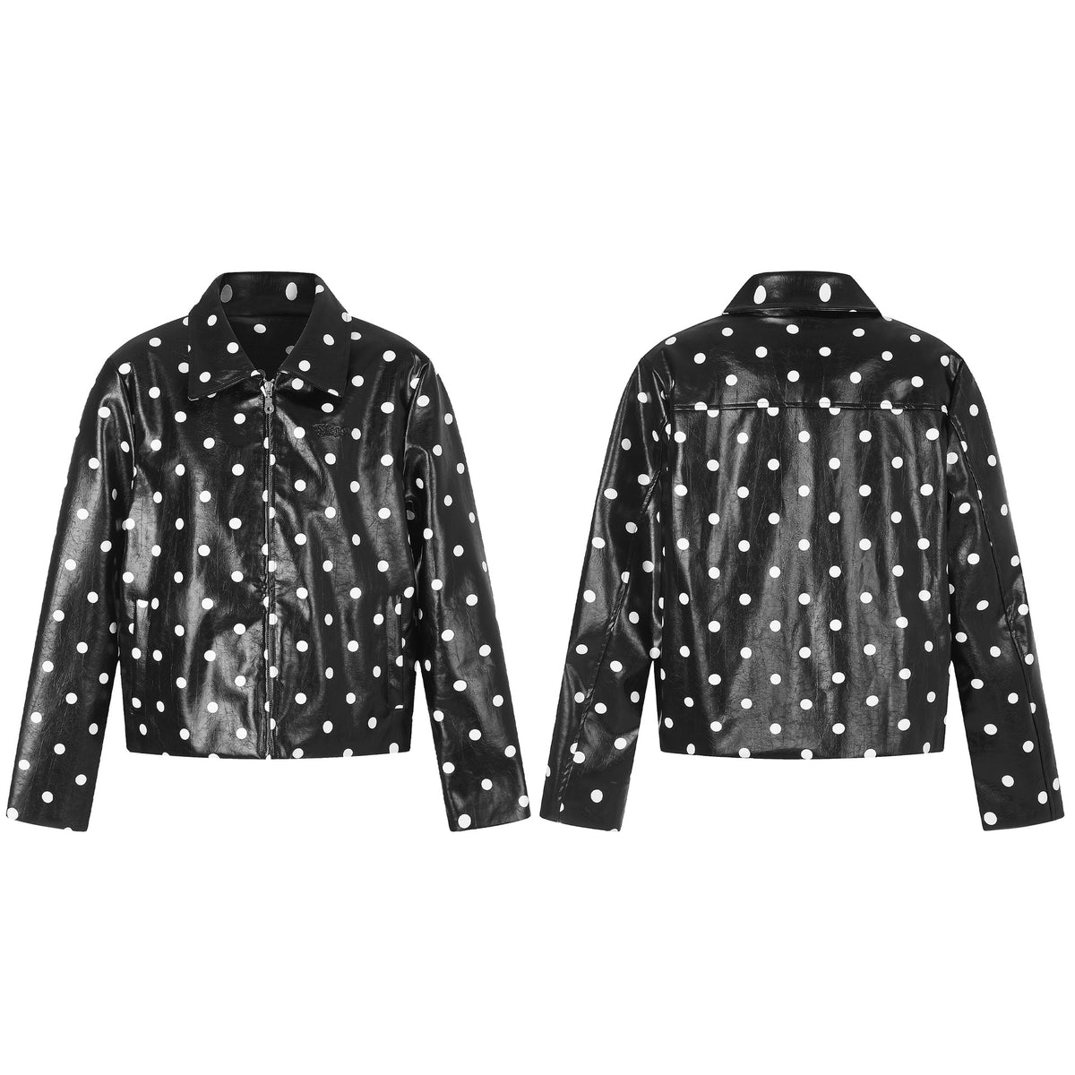 Polka Dot Zip Up Notched Lapel Glossy PU Loose Crop Leather Jacket