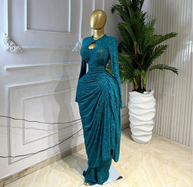 Jacquard Long Sleeve Ruched Maxi Dress