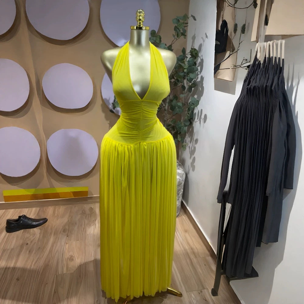 Sleeveless Pleated Mesh Long Formal Dress