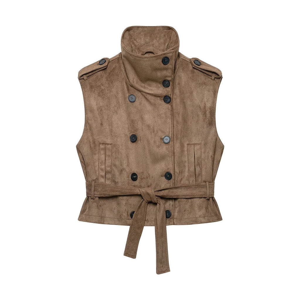 Women's vest with suede texture and waist belt