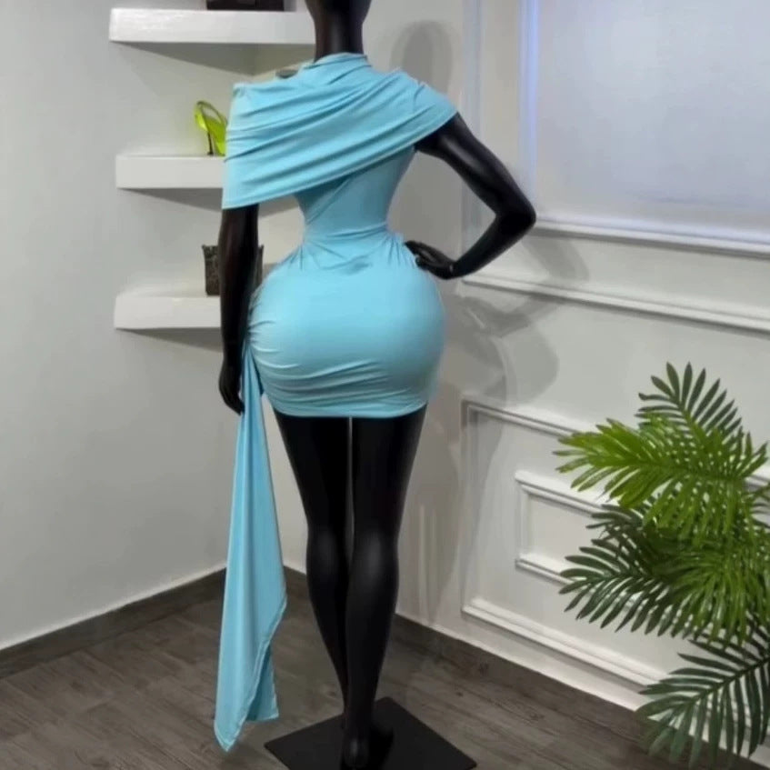 Short sleeved round neck shawl cape ribbon dress