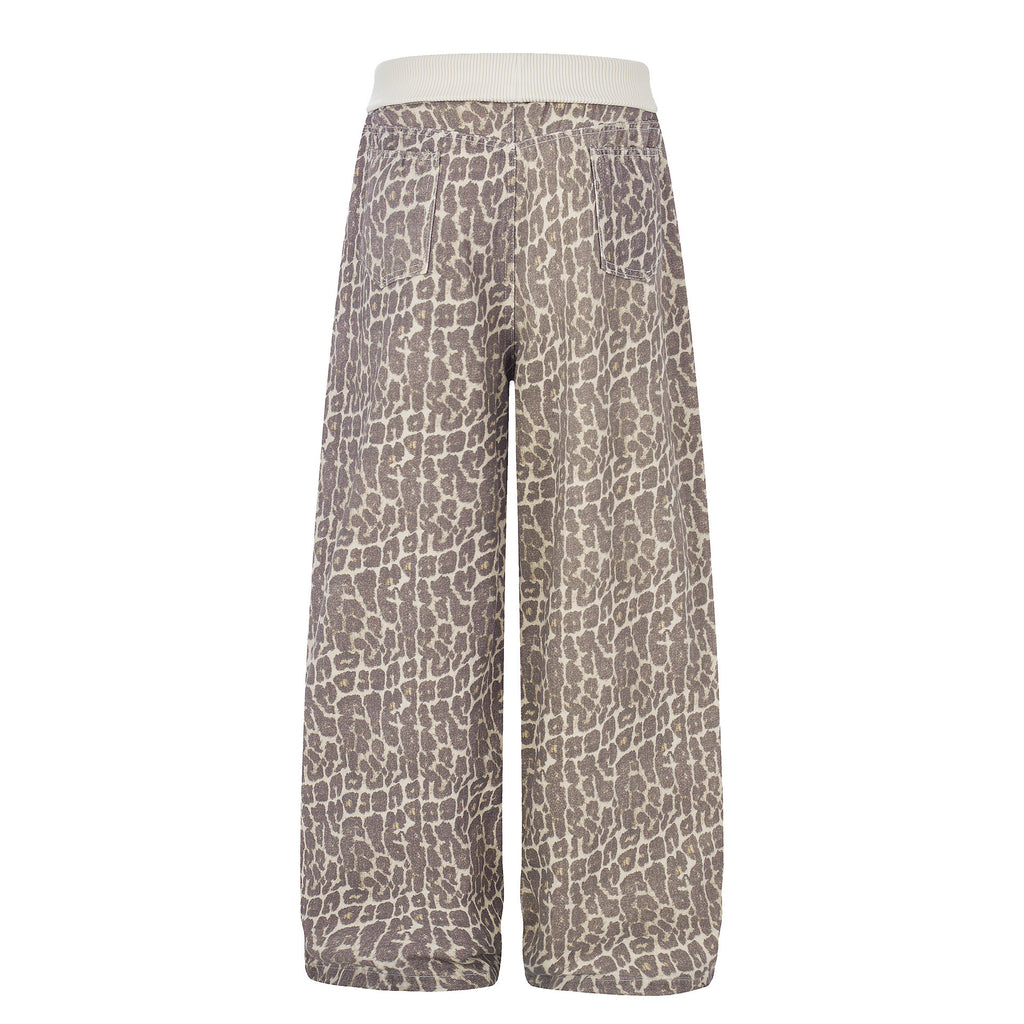 Leopard Print Sweatpants with Contrast Letter Embroidery Elastic Waist Loose Wide Leg Floor-Length Casual Pants