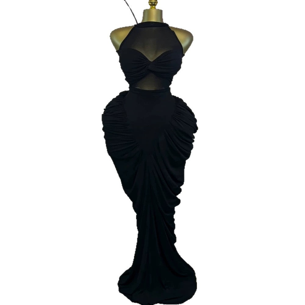 Round neck pleated mesh slim fit hip hugging dress