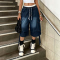 Workwear Denim Pants with Washed Finish Elastic Drawstring Waist Casual Style Bottoms