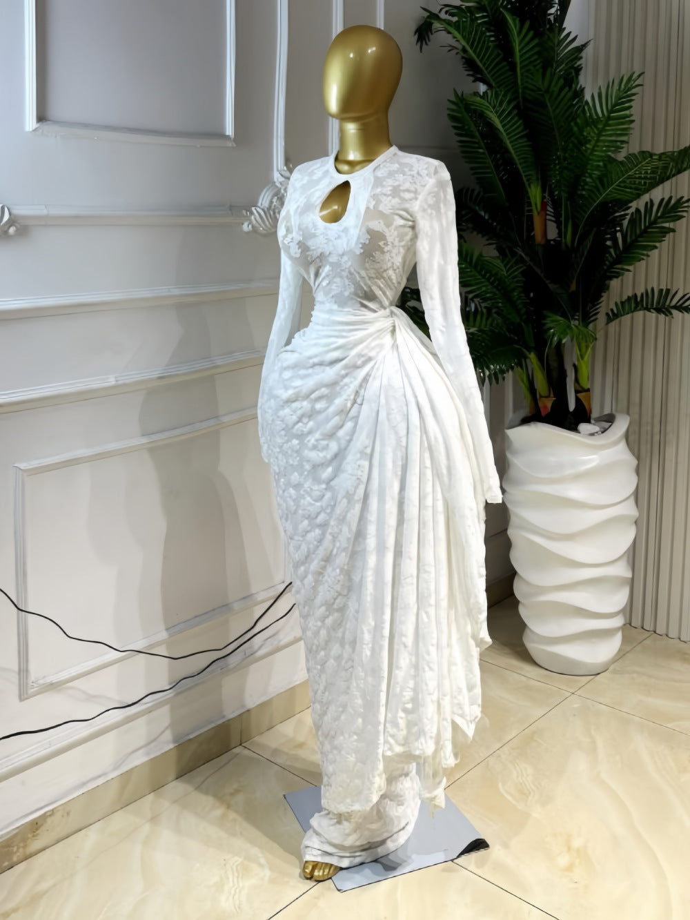 Jacquard Long Sleeve Ruched Maxi Dress