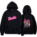 Style Barbie Letter Print Fleece Lined Unisex Loose Fit Hooded Pullover Sweatshirt