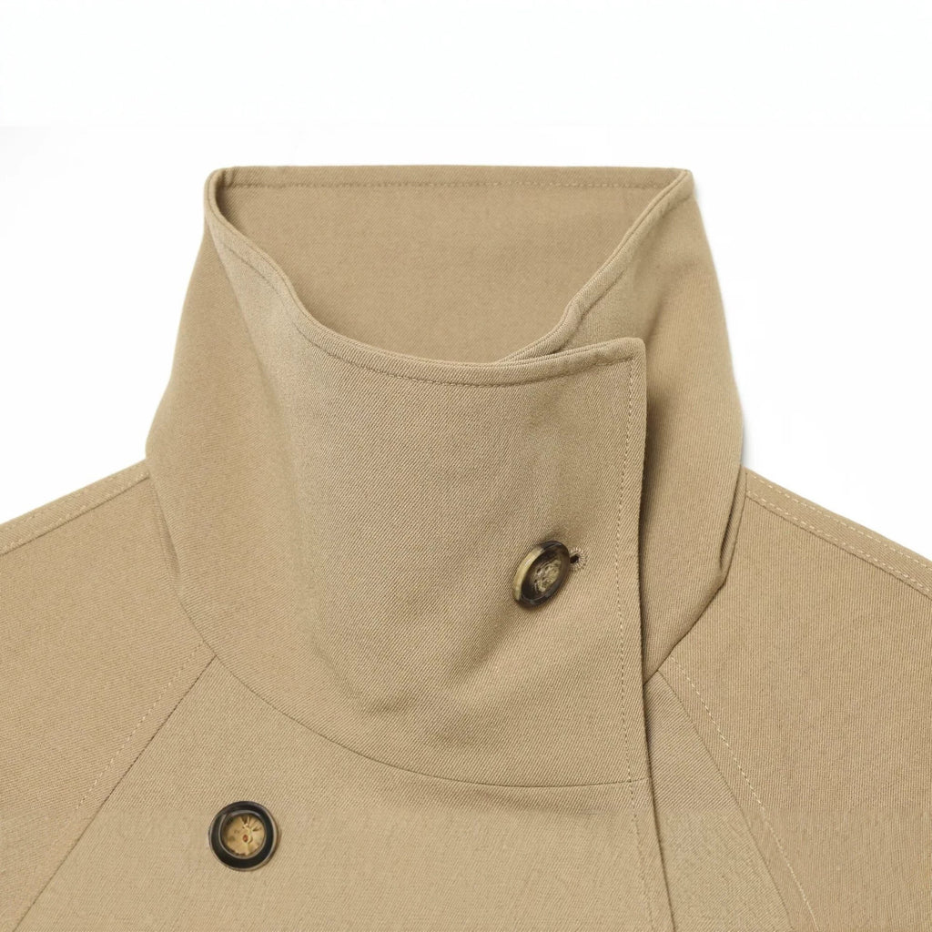 Loose double breasted drawstring tied high neck trench coat for women