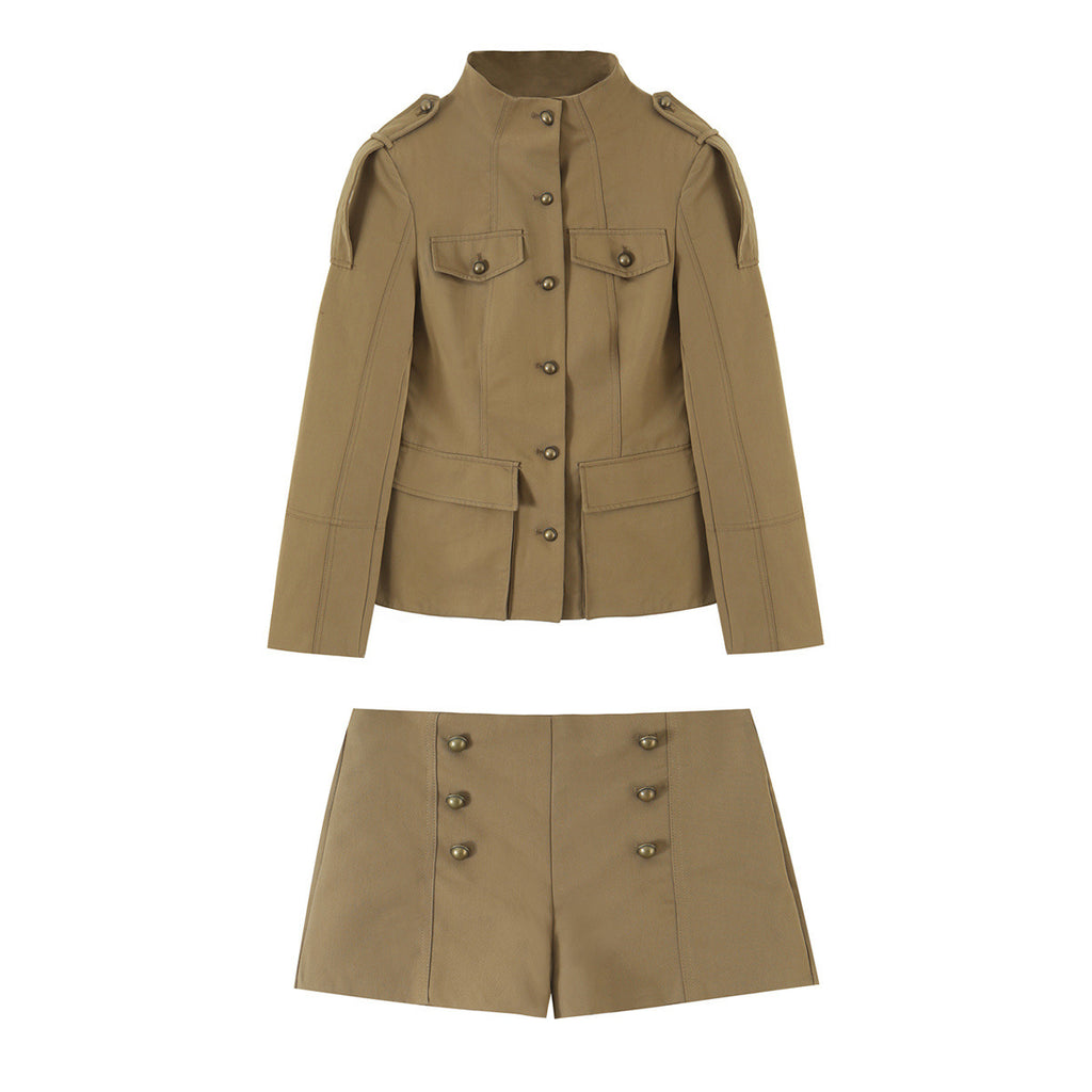Pocket breasted stand up collar jacket+shorts set for women