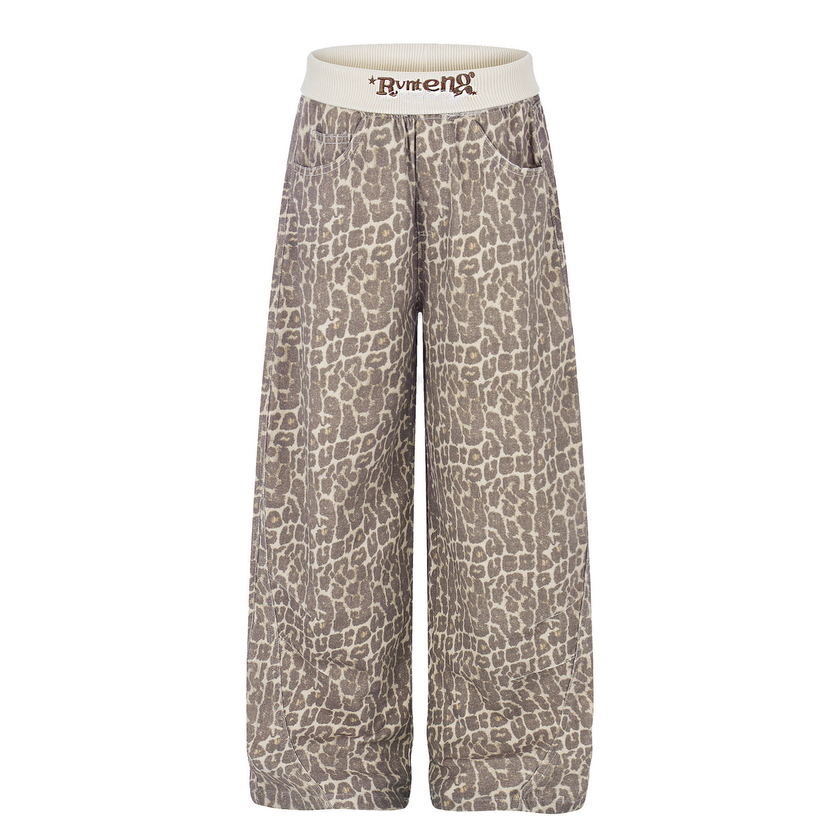 Leopard Print Sweatpants with Contrast Letter Embroidery Elastic Waist Loose Wide Leg Floor-Length Casual Pants