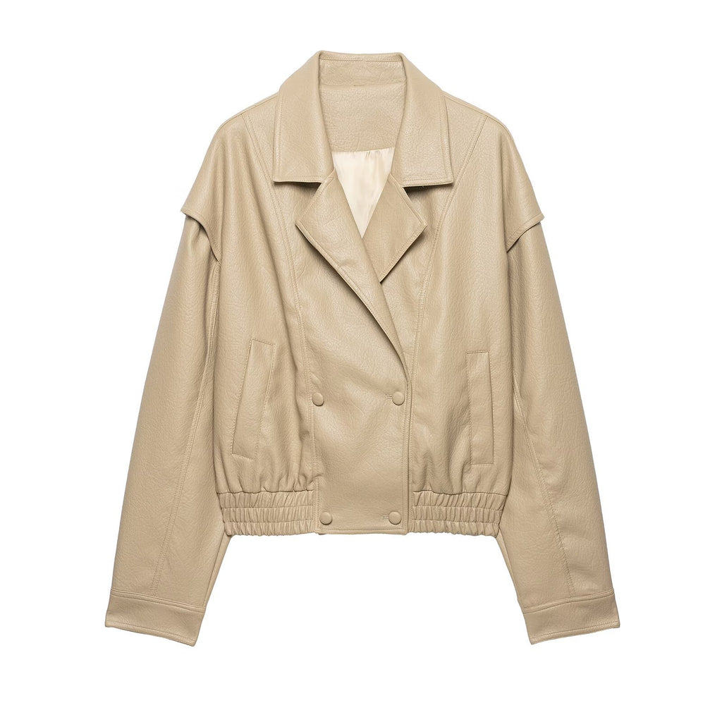 Loose PU leather jacket with elastic hem jacket