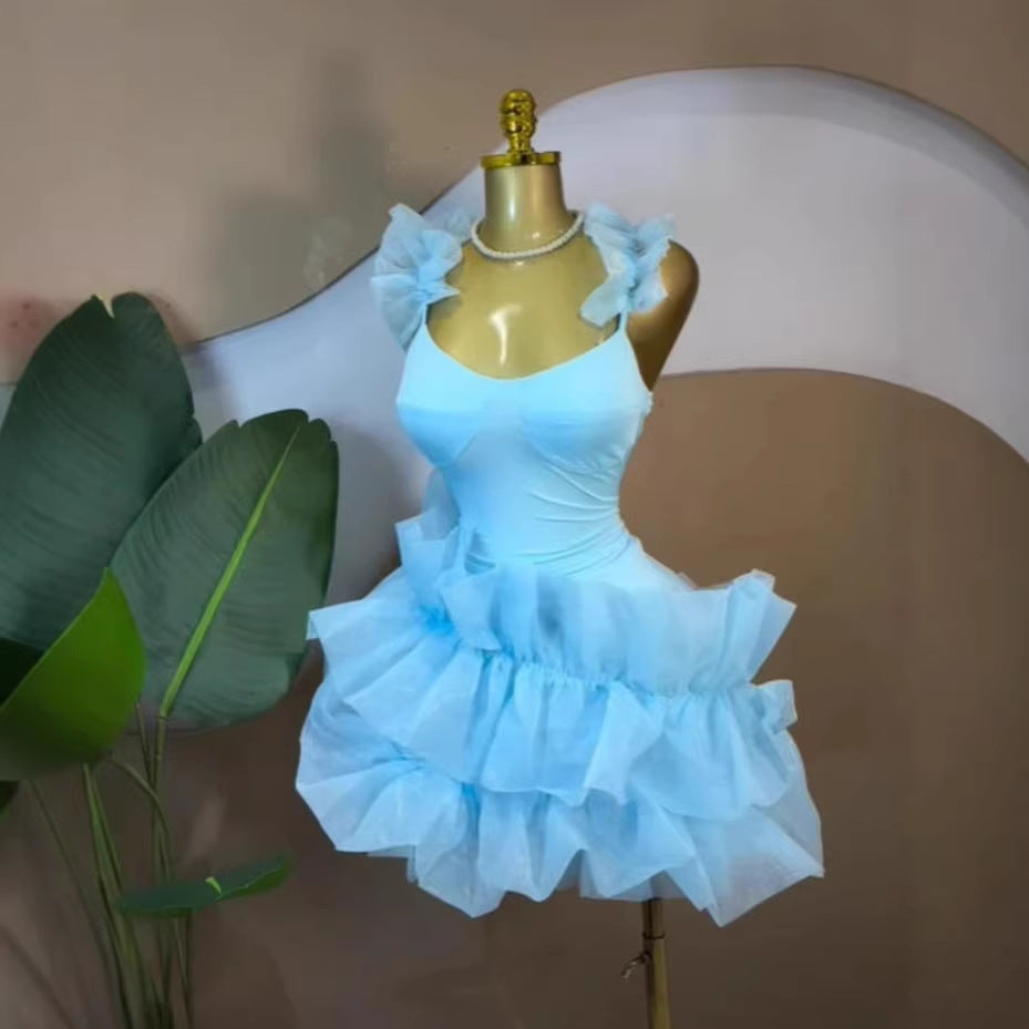Sweet Sleeveless Tube Top Waist Cinched Puff Mini Dress