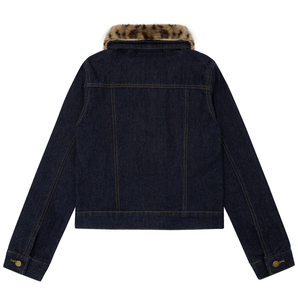 Women's Raw Indigo Denim Jacket Double-Breasted Stand Collar Detachable Leopard Print Fur Collar Petite Friendly