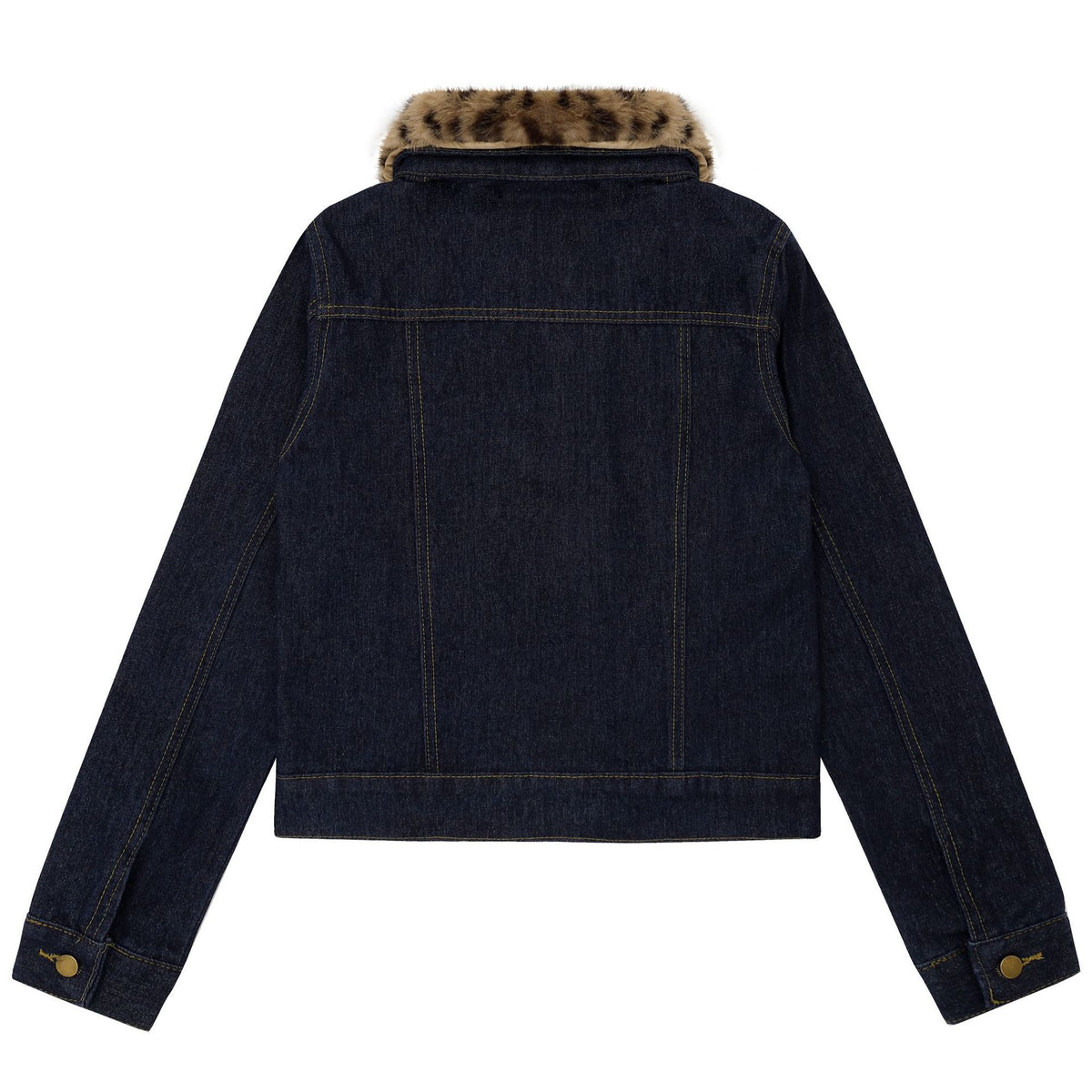 Women's Raw Indigo Denim Jacket Double-Breasted Stand Collar Detachable Leopard Print Fur Collar Petite Friendly
