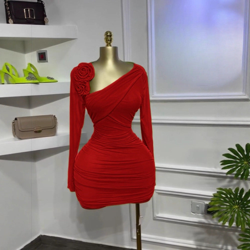 Floral Long Sleeve Asymmetric Neckline Pleated Slimming Mini Dress