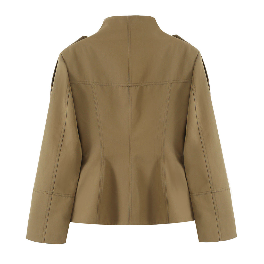Pocket breasted stand up collar jacket+shorts set for women