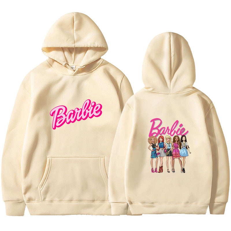 Style Barbie Letter Print Fleece Lined Unisex Loose Fit Hooded Pullover Sweatshirt