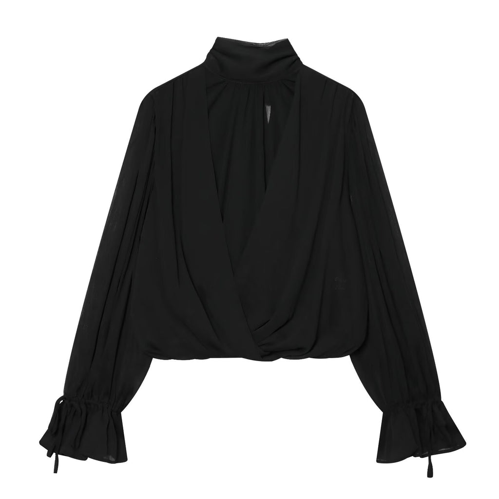 Bareback bow pleated shirt style top for women