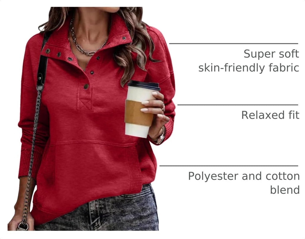 SHEWIN Women's Casual Long Sleeve Stand Neck Sweatshirt Lightweight Button Drawstring Pullover Tops