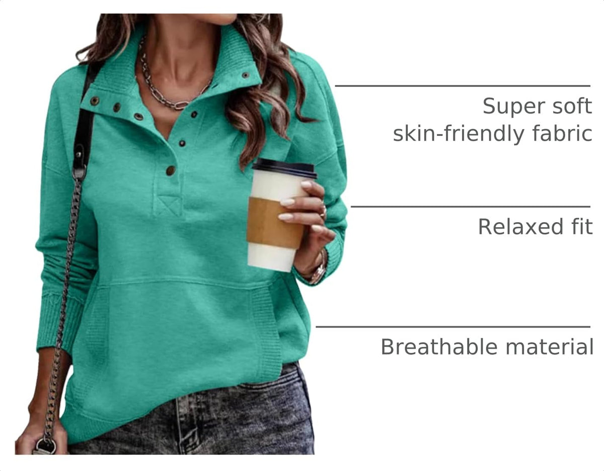 SHEWIN Women's Casual Long Sleeve Stand Neck Sweatshirt Lightweight Button Drawstring Pullover Tops