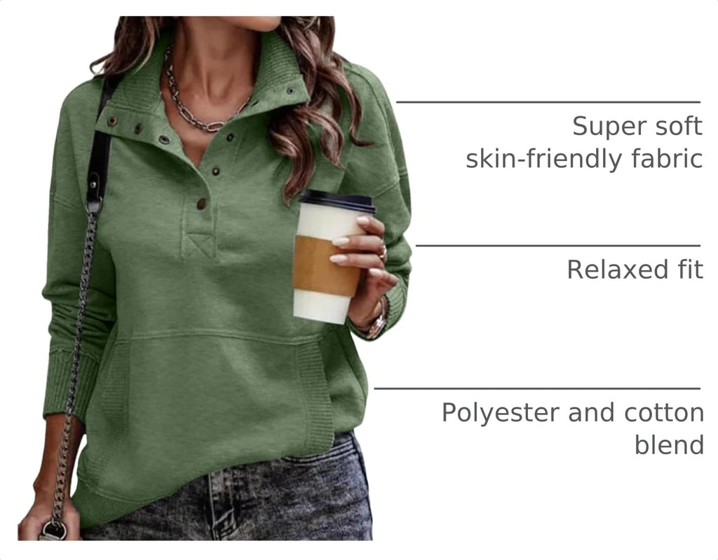 SHEWIN Women's Casual Long Sleeve Stand Neck Sweatshirt Lightweight Button Drawstring Pullover Tops
