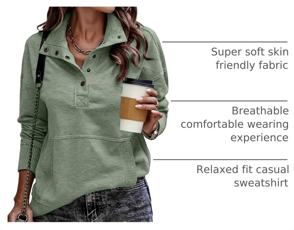 SHEWIN Women's Casual Long Sleeve Stand Neck Sweatshirt Lightweight Button Drawstring Pullover Tops