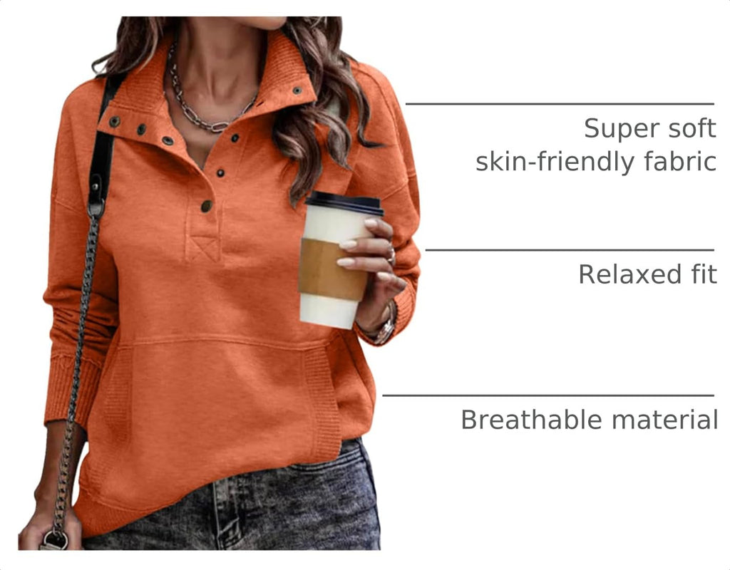 SHEWIN Women's Casual Long Sleeve Stand Neck Sweatshirt Lightweight Button Drawstring Pullover Tops